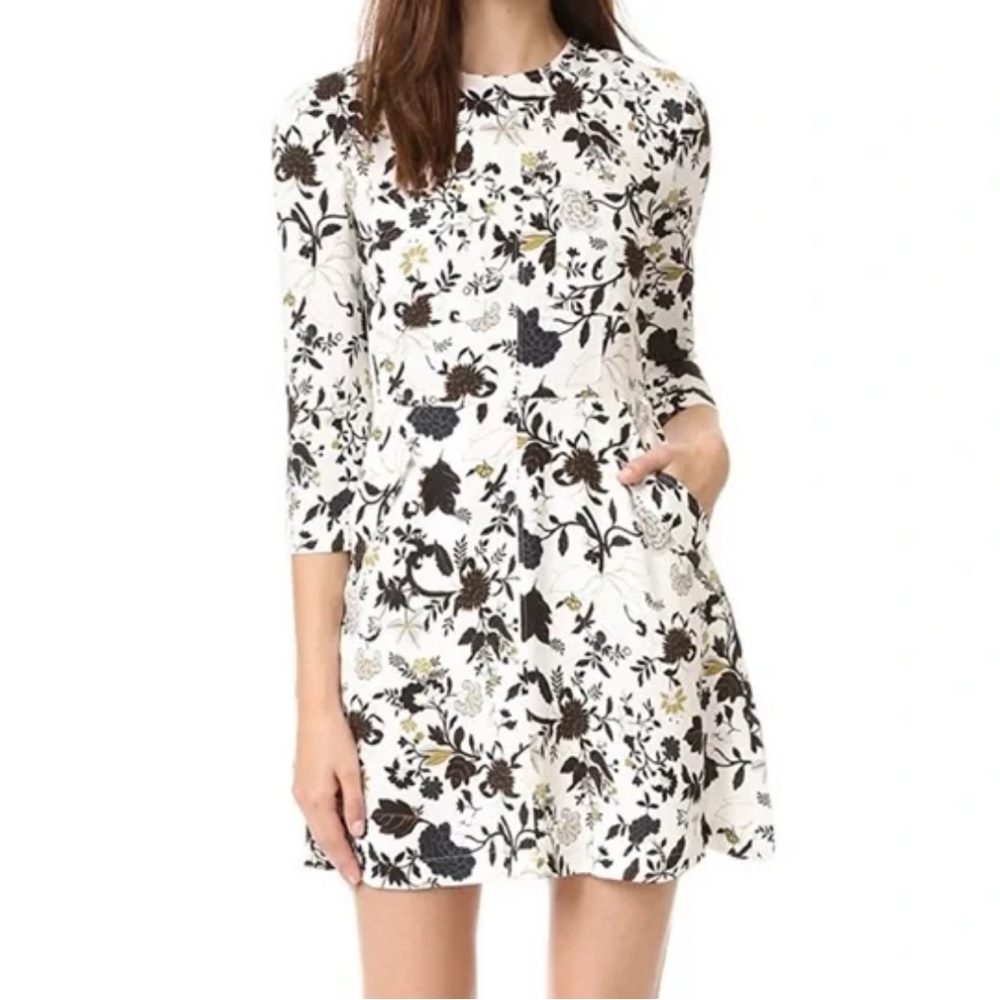 ALC Terry Silk Floral Dress White 3/4 Sleeve Fit Flare Pockets Designer Womens 0